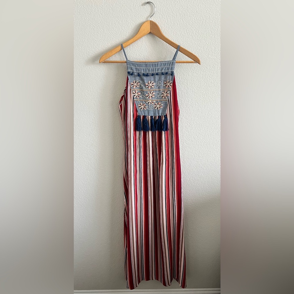 NWOT THML Red Multi Color Striped Floral Embroidered Tassel Maxi Dress- Size XS